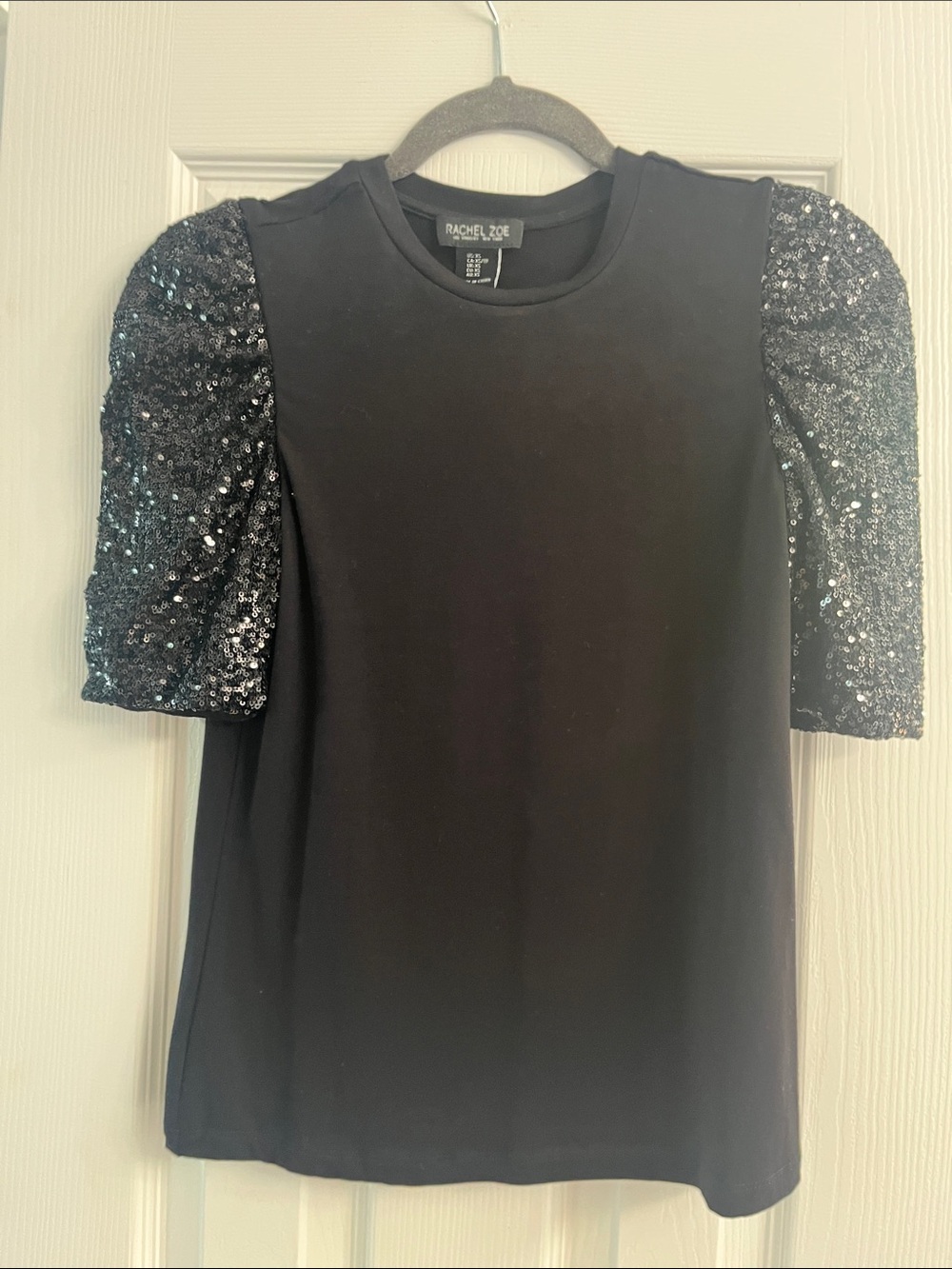 Rachel Zoe Black Crewneck Top with Sequin Puff Sleeves